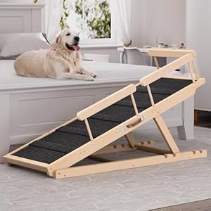 Dog Ramp for High Bed, Couch, Car, Pet Ramps 55.12″ Long Adjustable 19.7″-27.6″ Wooden Dog Step with High Traction Mat & Safety Side Rails for Small Medium Large Older Pets, up to 250 lbs