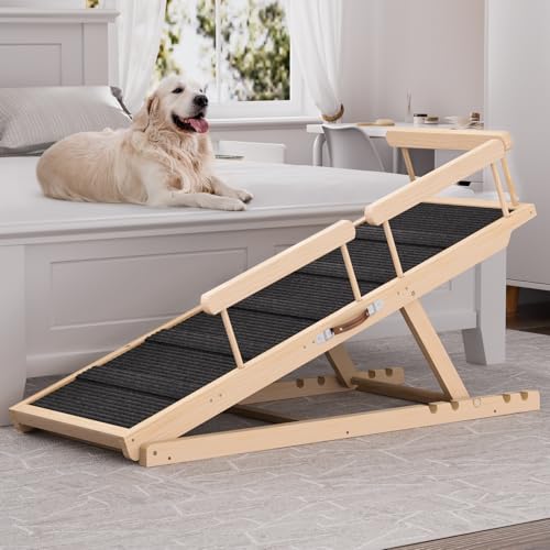 Chuiendi Dog Ramp for High Bed, Couch, Car, Pet Ramps 55.12' Long Adjustable 19.7'-27.6' Wooden Dog Step with High Traction Mat & Safety Side Rails for Small Medium Large Older Pets, up to 250 lbs