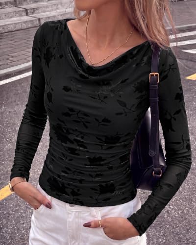 BTFBM Fall Tops For Women Floral Mesh Boho Top Cowl Neck Long Sleeve Shirts - image 7