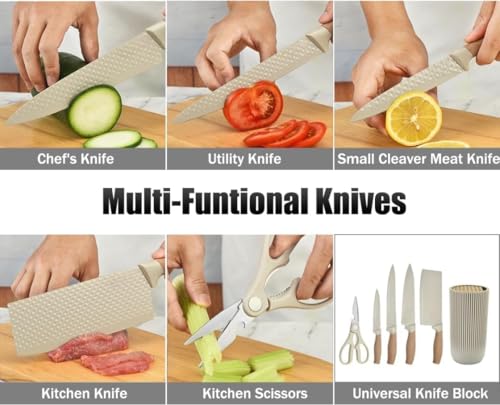 Image of Chef Knife with Leather Sheath, Full Tang Kitchen Knife with Ergonomic Wooden Handle, Multipurpose Stainless Steel Blade for Cutting Meat, Vegetables, Fruits (6 Piece Kitchen Knife Set)