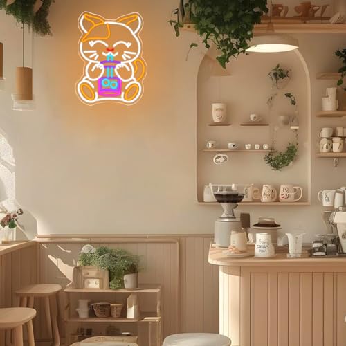 Image of Cat Boba Tea Neon Sign for Wall Decor, Dimmable Cute Cat Neon Light Bubble Tea Led Signs for Cafe Bar Kitchen Restaurant Coffee Store Bar Milk Tea Shop