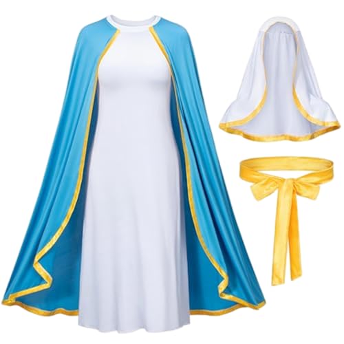 Grtheenumb Disfraz de Virgen María para Mujer Disfraces Bíblicos Religiosos Incluye Falda con Capa, Pañuelo Blanco y Cinturón para Cosplay de Navidad, S|.Disfraz de Jesús Adulto
