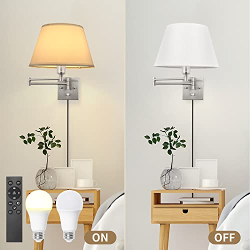 Image of TRLIFE Dimmable Wall Sconce with Remote Control, Adjustable Color Temperature 2700K-6500K and Dimming 10-100% Swing Arm Wall Lights with Plug in Cord, 11.8 inch Large White Fabric Shade(2 Pack, 2 Bulbs)