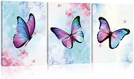 MZYHOME Butterfly Canvas Wall Art Decor 3 Piece Fantasy Girls Wall Art Watercolor Art Print Butterflies for Wall Art Living Room Bedroom Canvas With Wood Framed 12x16 Inch