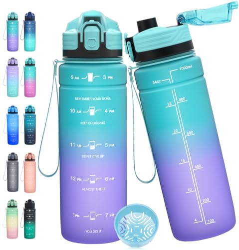 Expansea Water Bottle, 1L/500ML/700ML/1500ML Motivational Water Bottle with Time Marker & Scales-BPA Free Tritan-No Straw Sports Water Bottle for Teenager, Adult, Sports, Gym, School, Fitness