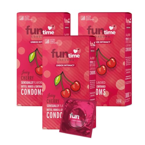 Image of Funtime Flavoured Dotted Condoms | Ribbed & Contoured for Extra Pleasure | Made With Natural Rubber Latex | Lubricated for Excitement & Satisfaction - Pack of 3 (10 count each) (pack of 3, Juicy Cherry)