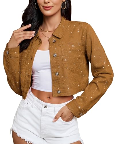 luvamia Trendy Cropped Denim Jacket for Women Casual Rhinestone Embellished Party Short Stretchy Jean Trucker Going Out Brown Jacket Women