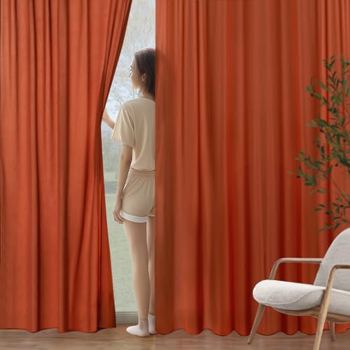 Image of MIULEE Burnt Orange Fall Semi Sheer Privacy Curtains 2 Panels 52W x 45L | Semi sheer privacy, non-see-through, light filtering, fits kitchen, bathroom, bedroom
