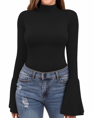 MANGOPOP Long Sleeve Mock Neck Shirts for Women Bell Sleeve Turtle Neck Tops Basic Going Out Tee Blouse