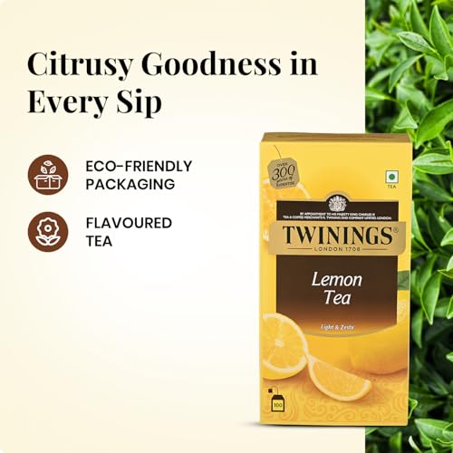 Image of Twinings Lemon Tea, 100 Tea Bags, Premium Black Tea With Lemon, Light Strength, Light & Zesty Flavour, Caffeine-Free, Made With Finest Ingredients, Enjoy a Hot Cup of Tea