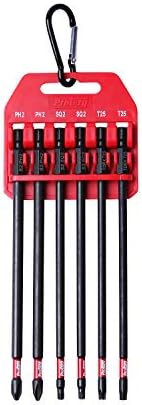 Protorq Long Impact Bit Set W/clip, 2 Phillips, 2 Square, T25 TORX, 6-Inch Length, 6-Piece,Industrial Strength, 1/4" Hex Shank