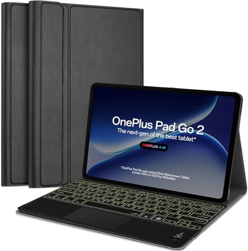 Image of HOM Tri-Fold 7-Colour Backlight Detachable Wireless Bluetooth Keyboard with Trackpad /Touchpad Tablet Cover Case for OnePlus Pad Go 2 Tablet 12.1-inch