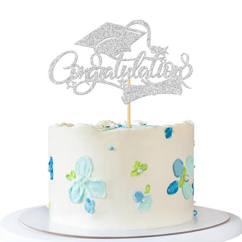 Topper per torta di laurea con glitter (argento)