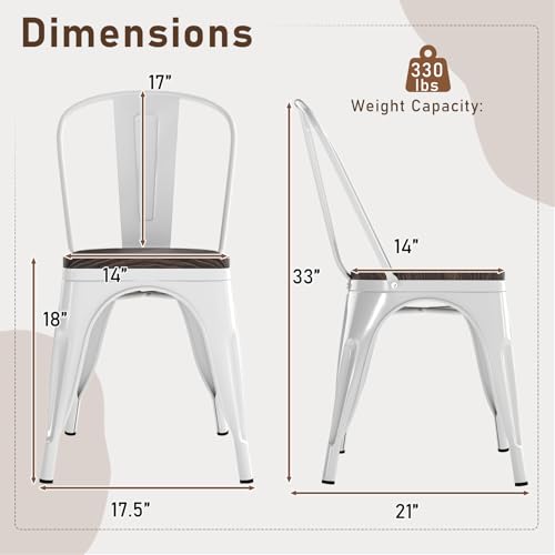 Image of COSTWAY Stackable Metal Dining Chairs Set of 4 with Wood Seat and High Back | White, Industrial Vintage Style, Elm Wood Seat Board, 18 Inch, for Dining Room, Kitchen, Bar, Cafe, Bistro, Restaurant