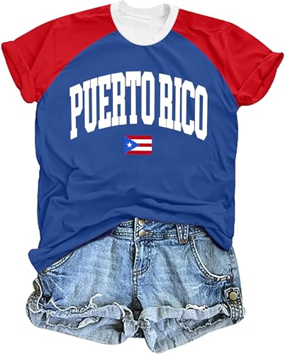 Puerto Rico Shirts for Women Boricua Puerto Rican T Shirt Casual Short Sleeve Graphic Tee Tops Blue