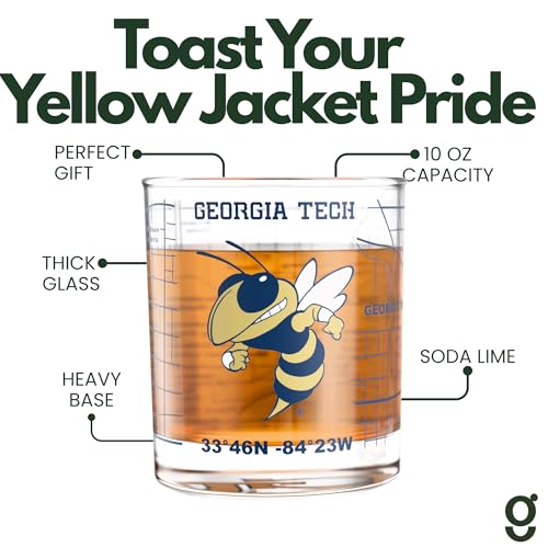 Image of Greenline Goods Georgia Tech University Yellow Jackets Whiskey Glasses Set of 2, 10 oz Rocks Glasses with Full-Color Logo & Campus Map - Officially Licensed Bourbon Glass Gift for Alumni & Fans