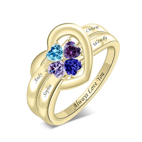 LucySky 925 Sterling Silver Birthstone Ring for Women With 4 Birthstones and Custom Engraved Name - Heart Promise Wedding Ring Gift for Valentine's Day, Mother's Day, Anniversary2