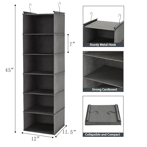Image of MAX Houser 6 Tier Shelf Hanging Closet Organizer, Closet Hanging Shelf with 2 Sturdy Hooks for Storage, Foldable (Grey)