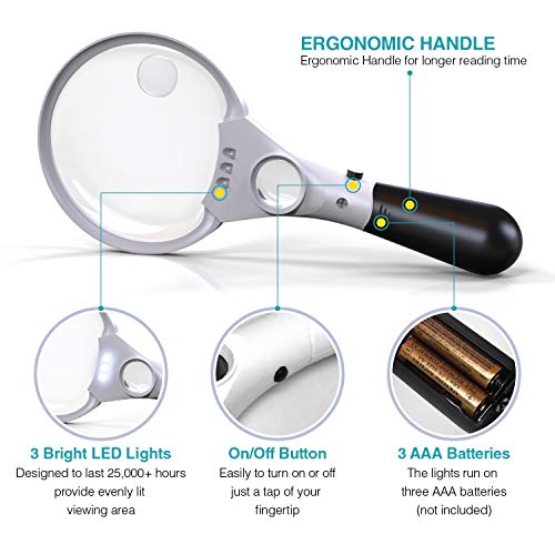 MagniPros 3 Ultra Bright LED Lights 3X 4.5X 25X Power Handheld Reading Magnifying Glass with Light-