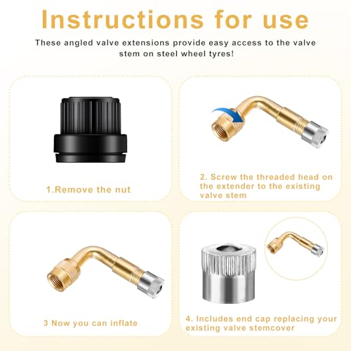 Image of Giantree 4 PCS Valve Stem Extenders, 90 Degree Schrader Tire Valve Stem Extension Brass Adaptor, for Dually Wheels Passenger Car RV Troller Bicycles Motorcycles and Trailers Silver