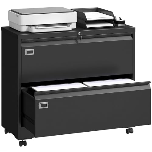 HOMCOM Rollcontainer mit 2 Schubladen mobiler Aktenschrank mit Rollen abschließbar Büroschrank mit verstellbarem Hängeregistratur Schubladenschrank für Büro Homeoffice 90 x 40 x 77 4 cm Schwarz