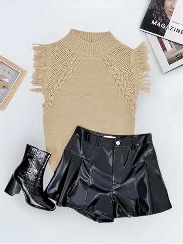 Image of Womens Summer Sleeveless Sweater Vest 2025 Mock Neck Cable Knit Fringe Cap Sleeve Boho Trendy Pullover Tank Tops