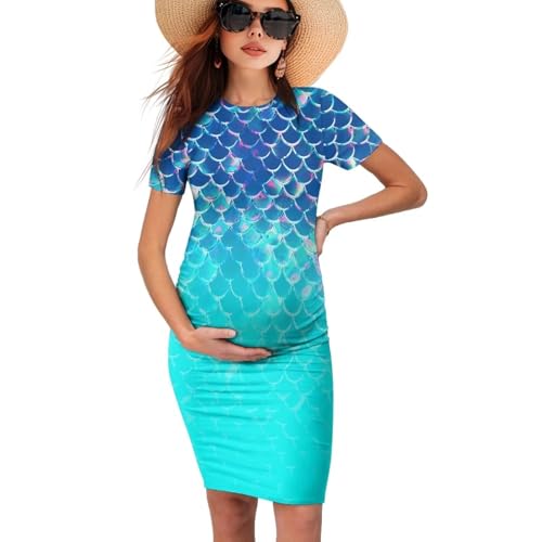Suhoaziia Mermaid Scales Womens Maternity Dress Short Sleeve Summer Fashion Pregnancy Dresses Midi Length Crewneck Baby Shower Daily Wear Cute Pregnant Clothes S-2XL