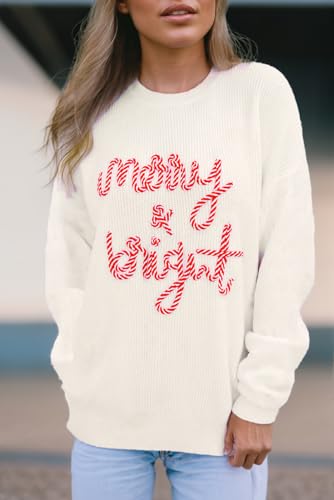 Women's White Striped Merry Bright Letter Christmas Sweater4