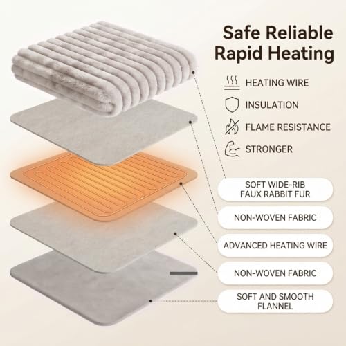 Image of Heated Blanket Electric Throw 50″x60 ″Inch - Thick Striped Flannel Electric Blanket,10 Heating Levels, 1-12 Hours Auto Off, Fast Heating Heating Blanket with Overheat Protection.