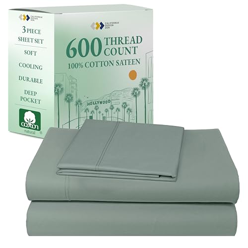 California Design Den Luxury Twin Sheet Set - 100% Cotton, 600 Thread Count Deep Pocket Twin Sheets, Soft Hotel-Quality Bedding with Sateen Weave (Sage Green - Cool Tone)