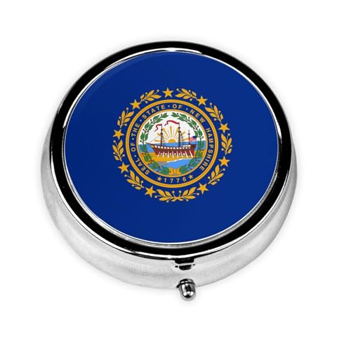 Cute 3-Compartments Round Pill Box Flag of New Hampshire Small Pill Case Portable Medicine Dispenser,for Pocket Purse