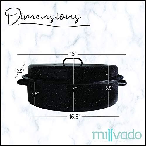 Millvado Roasting Pan With Lid, Turkey Roaster Pan, Extra Large 18 Lb Capacity, 18" Granite Oven Roaster Oval Shaped Speckled Enamel On Steel Cookware #TOP3