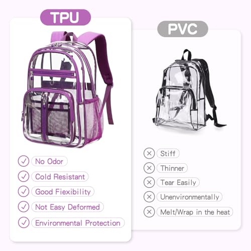 Image of Cusangel Clear TPU XL Backpack for Women,18 inch See Through Heavy Duty Bookbag | Warehouses, Airport and other security check locations(Purple)