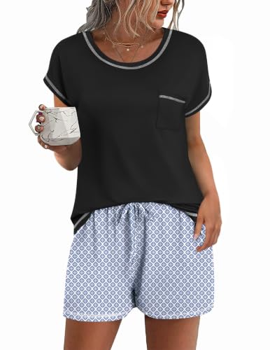 Image of Ekouaer Womens Pajama Sets 2 Piece Soft Short Sleeve Top and Shorts Sleepwear Round Neck Pjs Lounge Set with Pockets