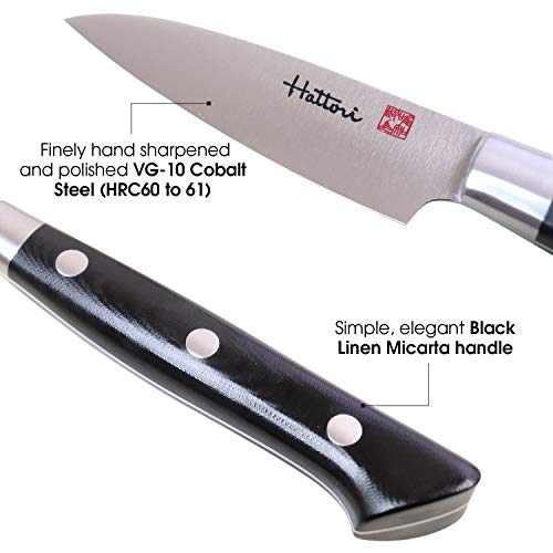 Hattori Japanese Chef’s Knife, FH-1L Professional Paring Knife, VG-10 Cobalt Steel Pro Kitchen Knife with Ergonomic Black Linen Micarta Handle, 2.7 inch