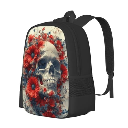Image of Floral Skull Print Backpack For Men Women Lightweight Daypack For Daily Commutes Business Travel Hiking