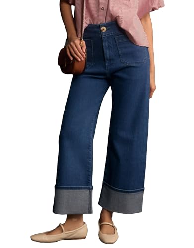 Women's High Waist Baggy Cuffed Jeans Straight Wide Leg Cropped Denim Pants Casual Vintage Elastic Jean Bottoms