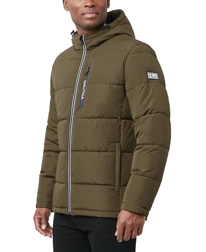 Image of Nautica Men's Midweight Quilted Faux Memory Puffer Jacket -Adjustable Hood Insulated Winter Coat