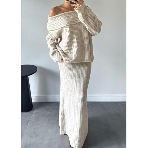 Knit Skirt Sets for Women 2 Piece,Knitted Off-Shoulder Top Knitted Skinny Maxi Skirts 2Piece Set,Loose Fall Casual Outfits 5