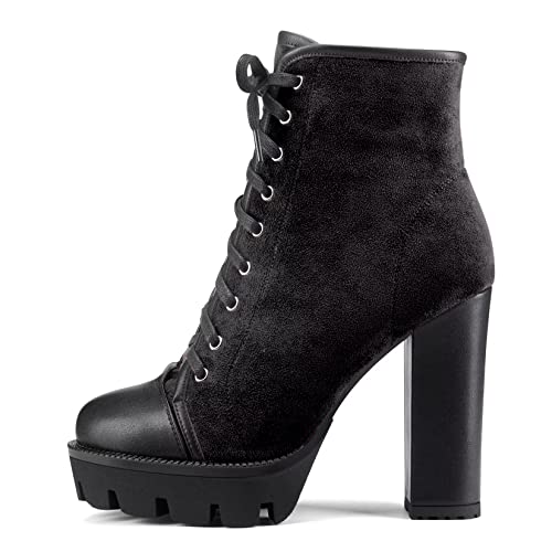 HDEUOLM Women High Chunky Block Platform Heel Round Toe Lace-up Zipper Ankle Boots Short Bootie Shoes2