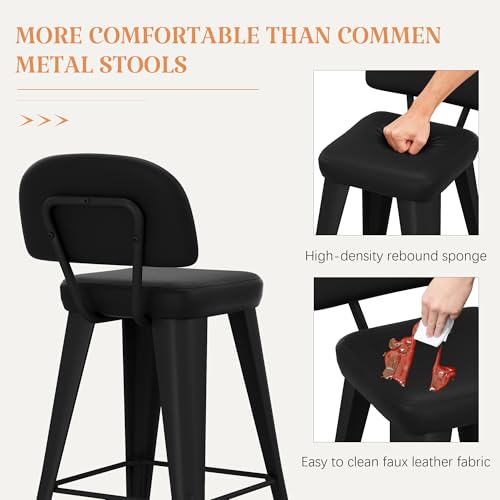 Image of Yongchuang 26 inch Black Bar Stools Set of 2 PU Leather Counter Height Stools with Back Metal Legs Upholstered Modern Kitchen Island Bar Chairs