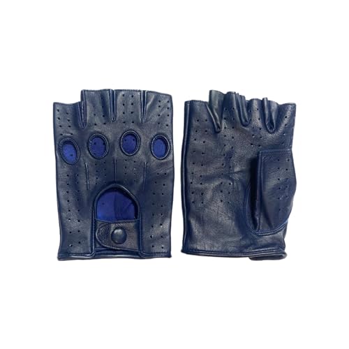 Fingeless Genuine Leather Driving Riding Biking Cycling Gloves for Men, Unlined (Navy Blue, Large)