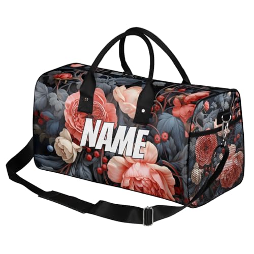Personalized Retro Flower Travel Duffel Bag with Name, Custom Gym Sport Bags Green Leaves Carry On Weekend Overnight Duffel Bag for Men Women2