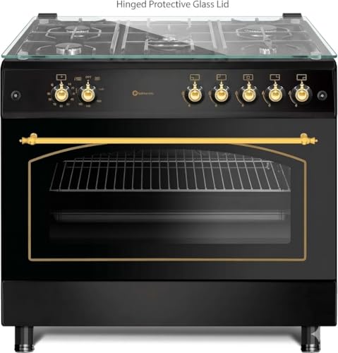 SOLTHERMIC F9L50G2RB COCINA NEGRA RUSTICA CON MANDOS DORADOS/ANCHO 90 CMS / 5 FUEGOS/HORNO PANORAMICO 115 L. / GAS BUTANO Y GAS CIUDAD/ENTREGA A DOMICILIO Y RETIRADA DEL USADO GRATIS