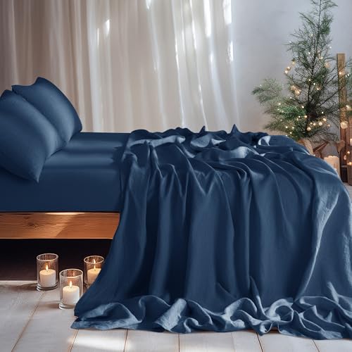 Image of LBRO2M 100% French Pure Linen Sheet Set 4Pcs, 16 inch Deep Pocket Cal King