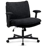 Cross Legged Office Chair, Upholstered Criss Cross Desk Chair with Wheels and Flip-Up Armrests, Wide Seat Chair for Home Office, Vanity, Apartment, Black