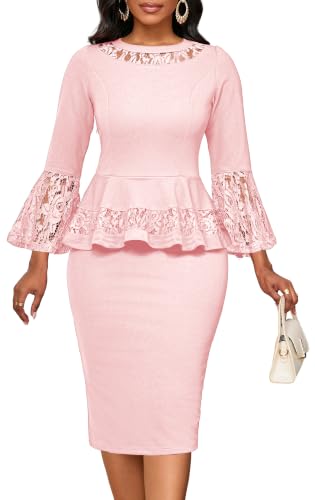 Image of sexycherry Lace Dresses for Women 3 /4 Sleeve Cocktail Pencil Split Dress | Women's Lace Wedding Guest Dresses Crew Neck Knee Length Split Fall Outfits