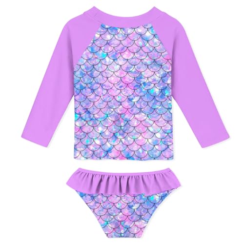 Image of Funnycokid Girls Swimsuit Toddler Bathing Suit Long Sleeve 2 Piece Rash Guard Set for Kids 2-10 Years