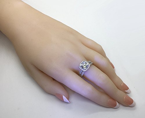 101 facets 2 Carat Princess Cushion Cut NSCD Simulated Diamond Ring Band Set Solid 925 Silver Halo DBCUSHSET73