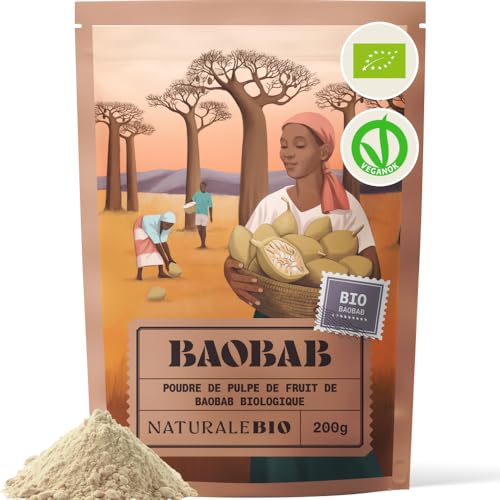 NaturaleBio poudre de baobab bio 200g. Superaliment riche en fibres et vitamine C. Pulpe de baobab africain cru. Soutient immunité, digestion et peau. Végan, sans OGM